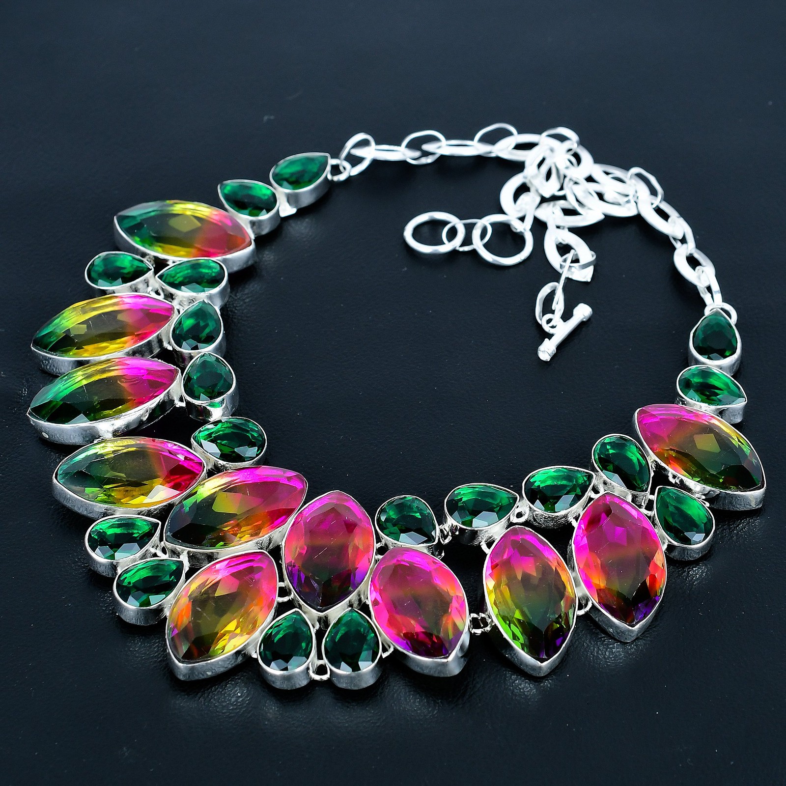 Multi Tourmaline Chrome Diopside Gemstone 925 Sterling Silver Necklace 18″ VJ 90