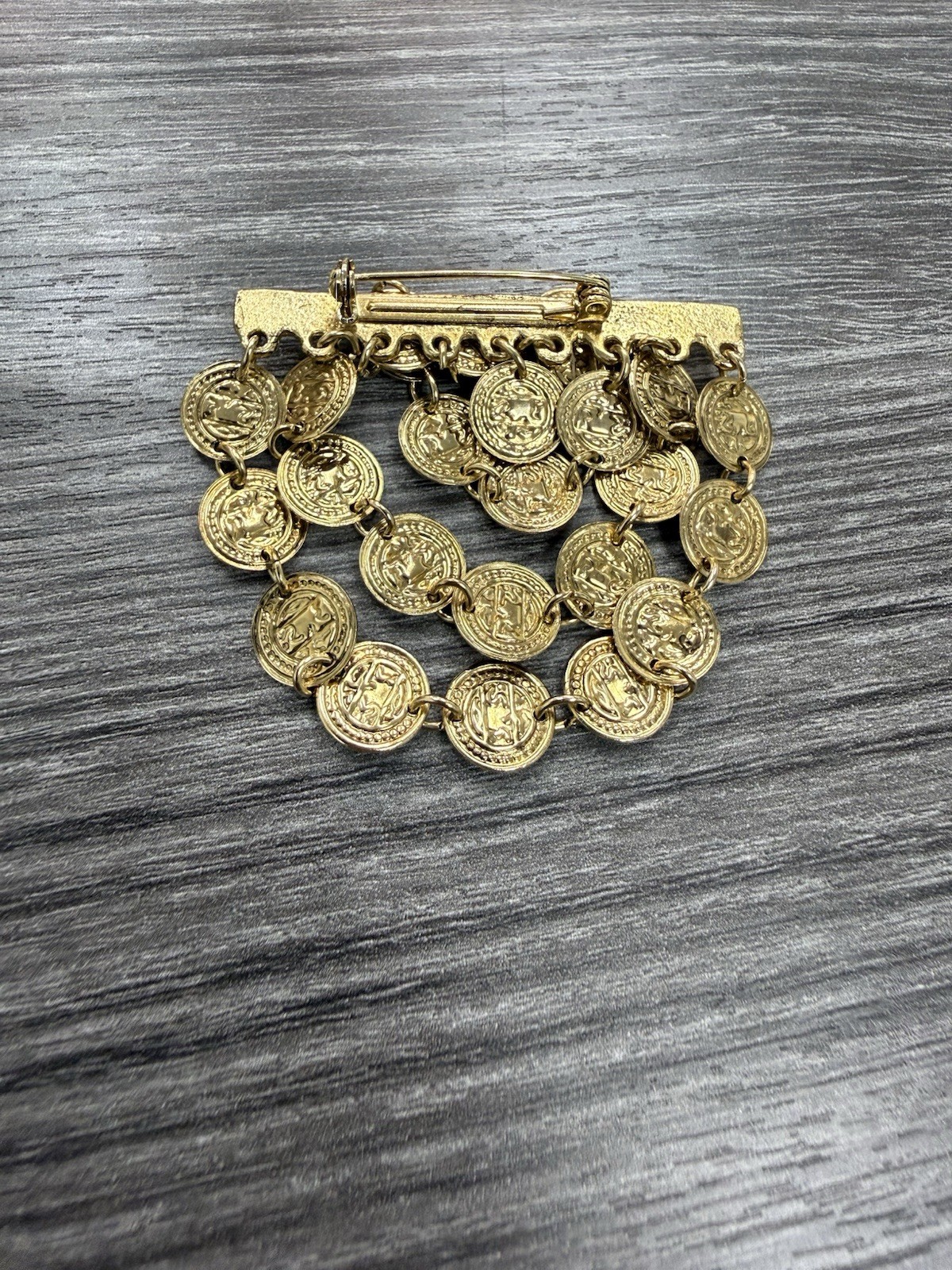 Gold Tone Asymmetrical Dangle Coin Charm Brooch Pin, Metal, No Stone, 2 in