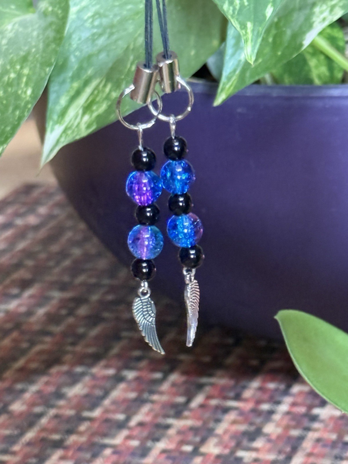 2 Blue Black Silver Tone Beaded Dangle/Drop Hook Earrings Angel Wing Phone Charm