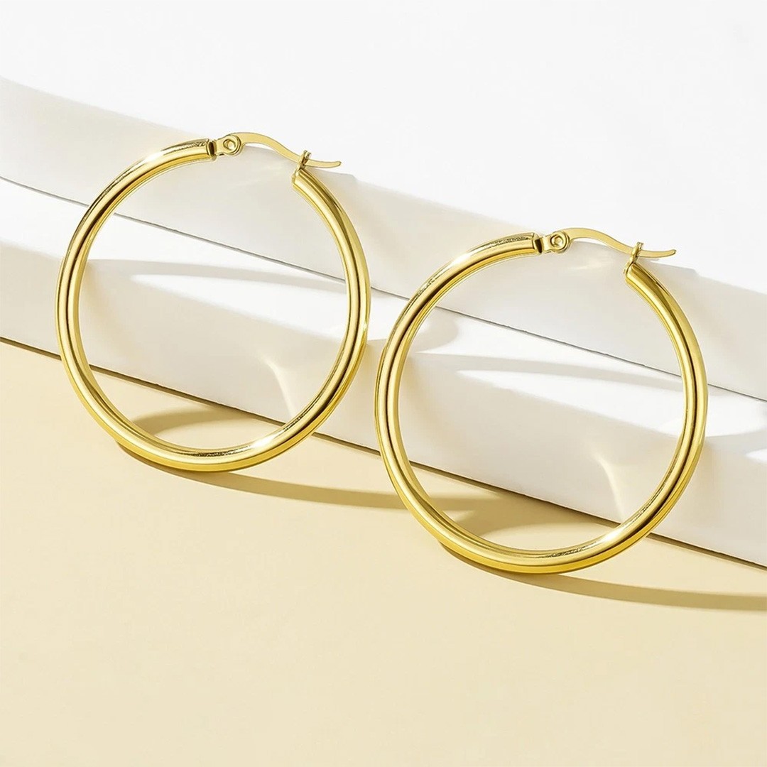 30mm 14K Real Solid Yellow Gold Shiny Polished Round Creole Hoop Earrings Gift
