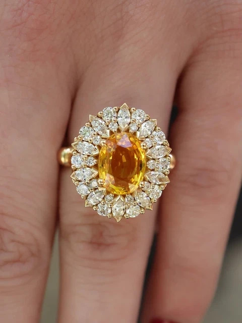 6.80 Ct Lab Created Citrine & Diamonds Engagement Ring 14k Yellow Gold Plated