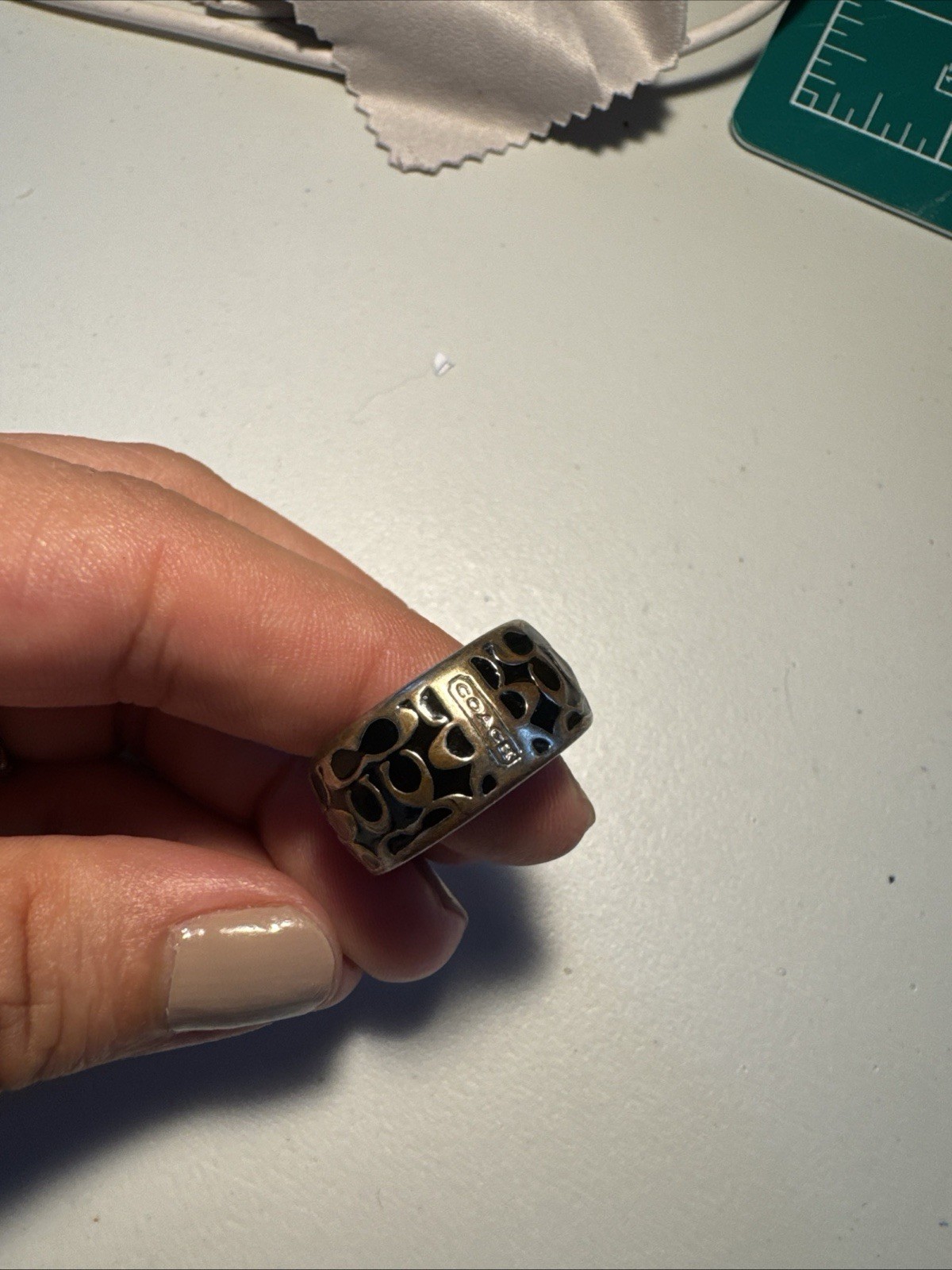 Coach Silver Tone Black Enamel Logo Band Ring Signed Size 11