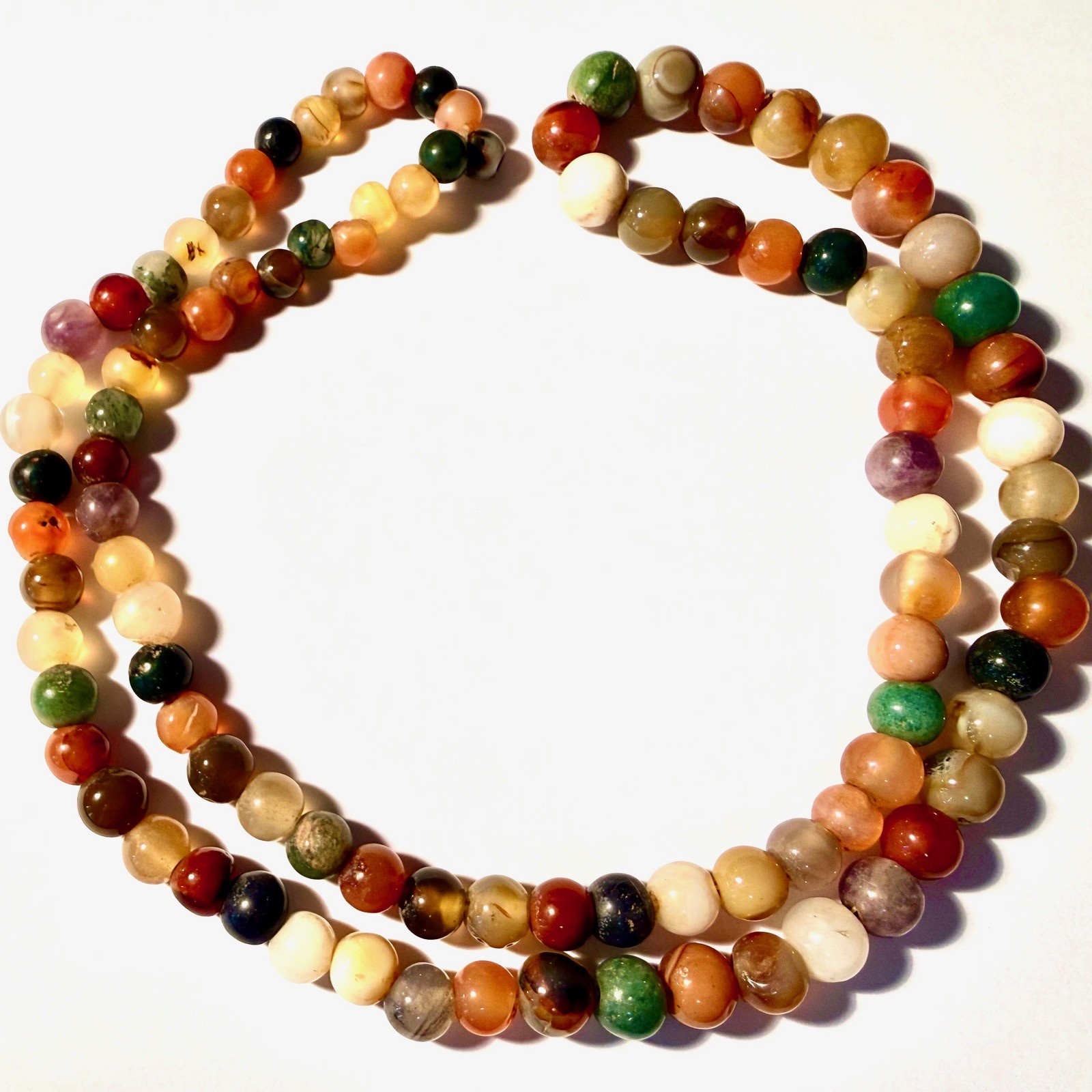 Polished Round Multicolor Agate-Beaded Rope Necklace Hand-knotted, 30″