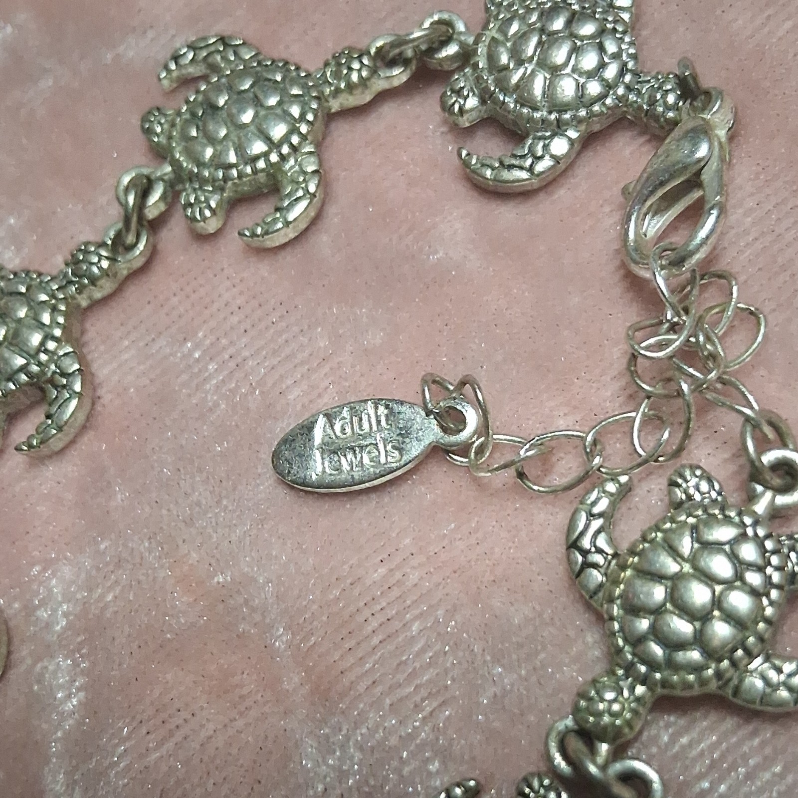 Adult Jewels Silver Turtle Dangle Charm Round Link Bracelet Lobster Signed
