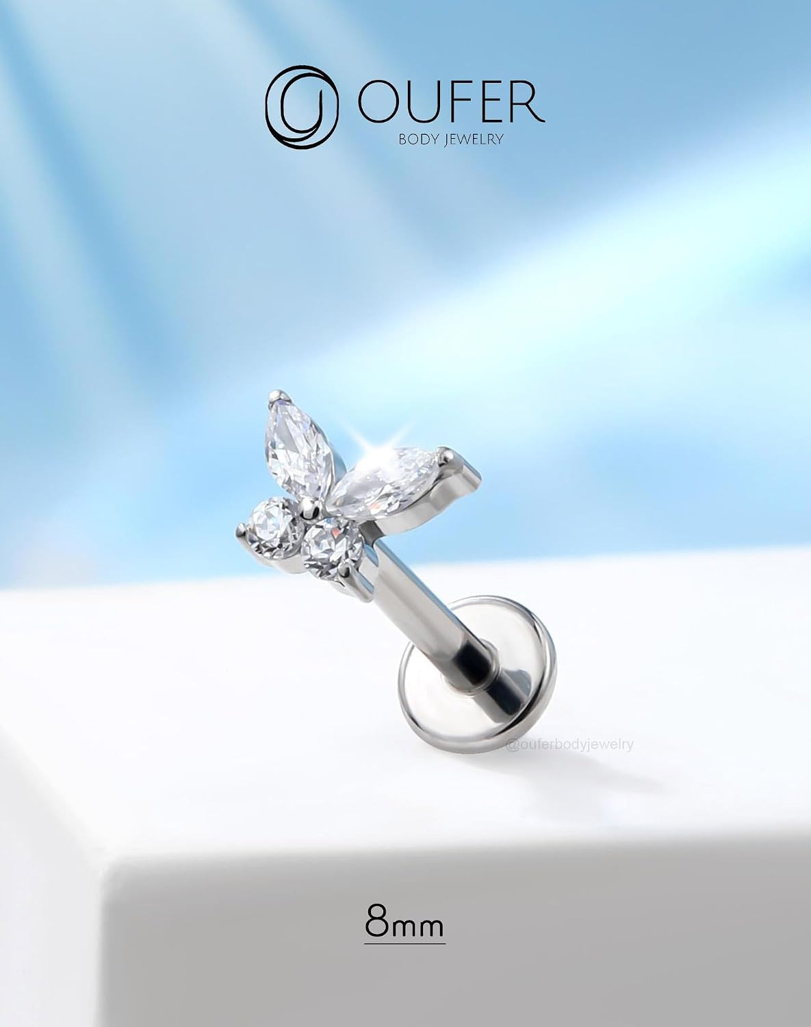 Threadless Butterfly Labret Stud, 316L Surgical Steel Flat Back Push in Piercing