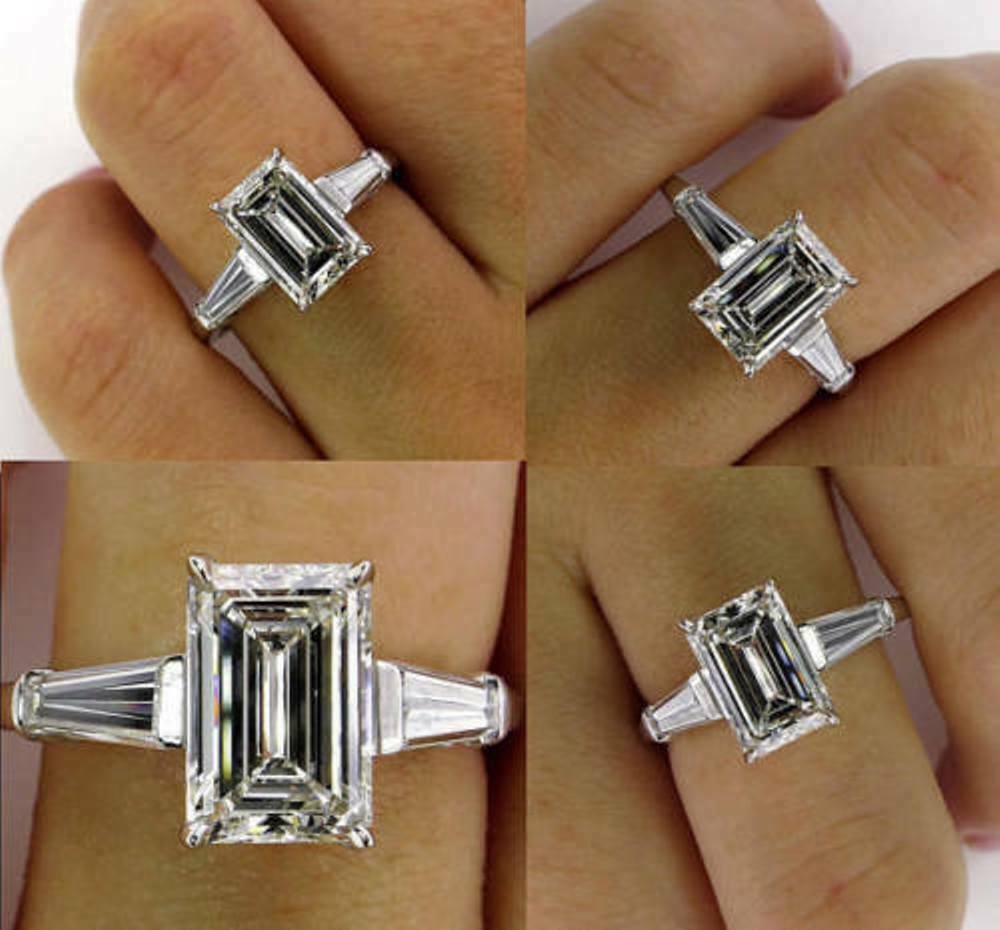 3.Ct Emerald Diamond Simulated Engagement Wedding Ring 14k White Gold Size 8