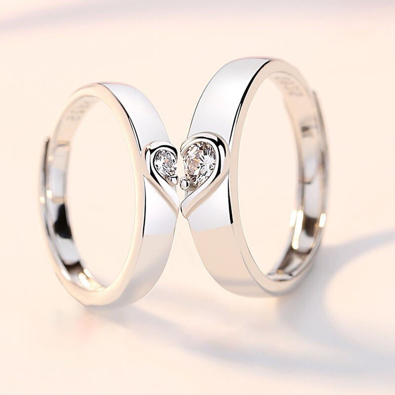 2pcs/set 925 Silver Zircon Promise Ring Couple Adjustable Letters Women Men Gift
