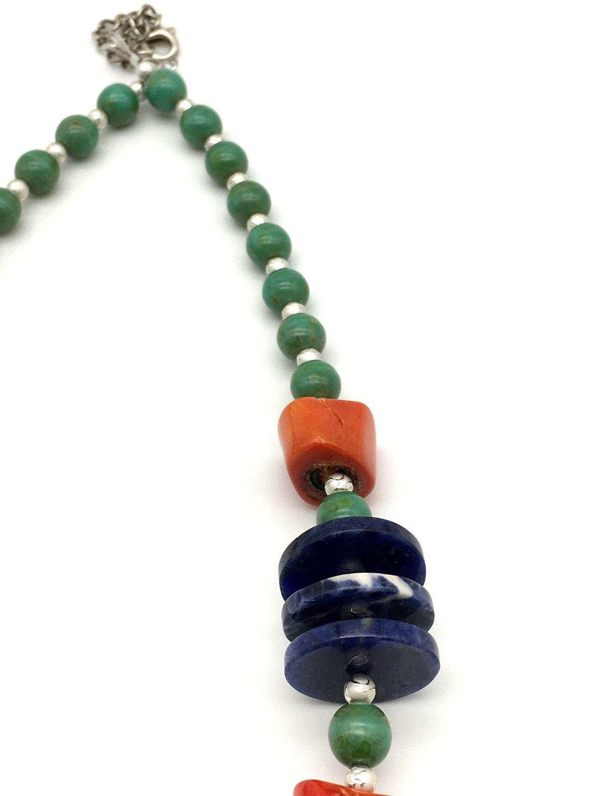 925 Lapis Discs Chalcedony Beads Coral Nuggets ST Etched Seed Beads 20″ Necklace