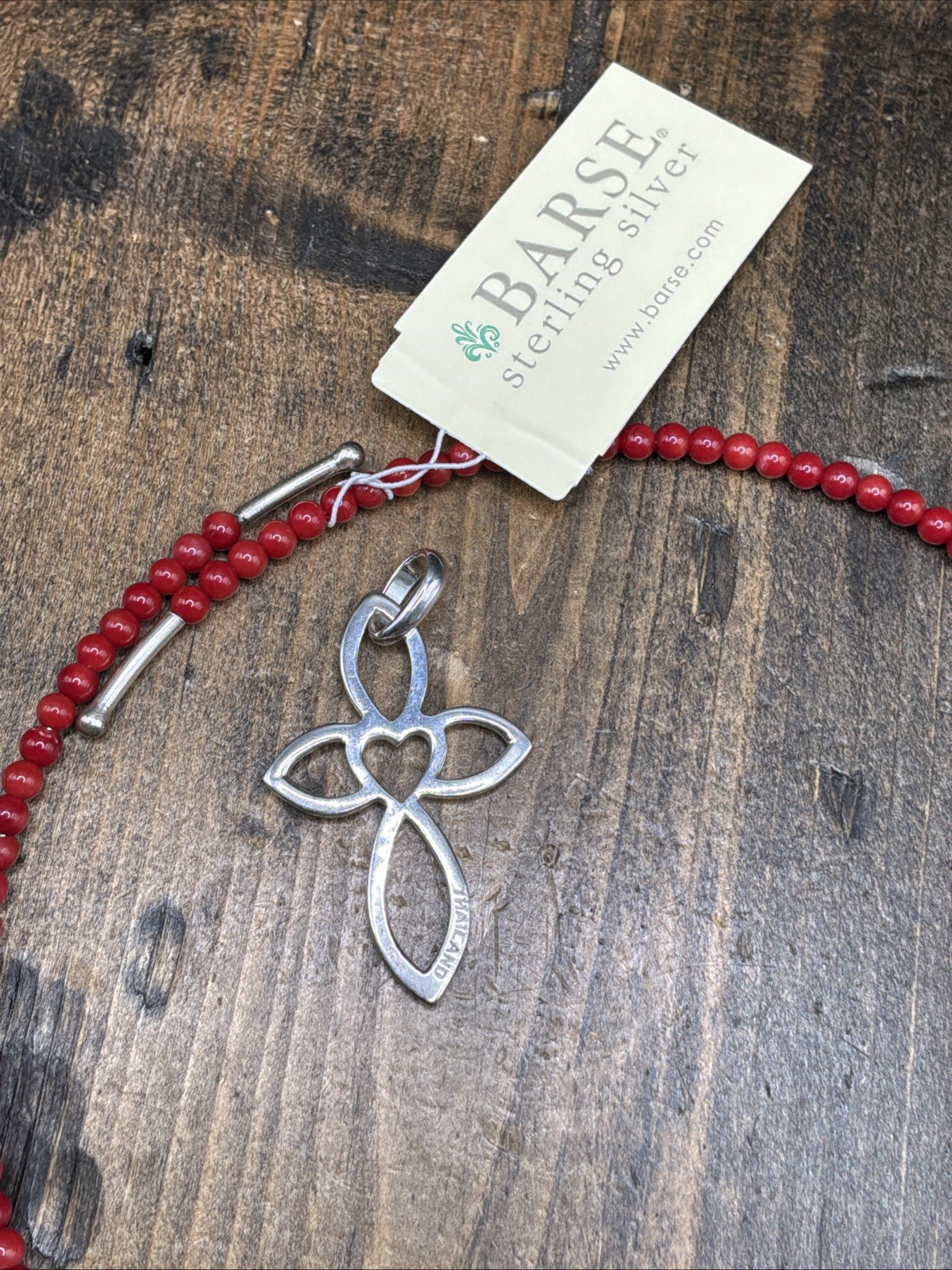 Barse Cross Your Heart Memory Wire Necklace- Bamboo Coral – Silver- NWT