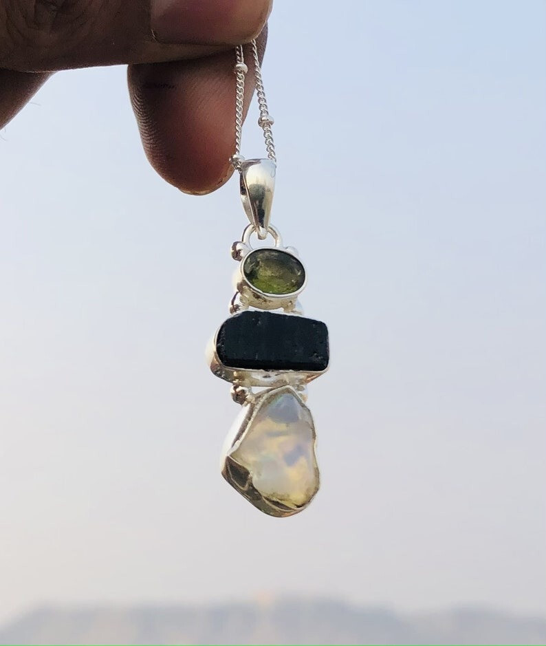 Raw Rough Opal Pendant Black Tourmaline Peridot Gemstone Jewelry Women’s Pendant