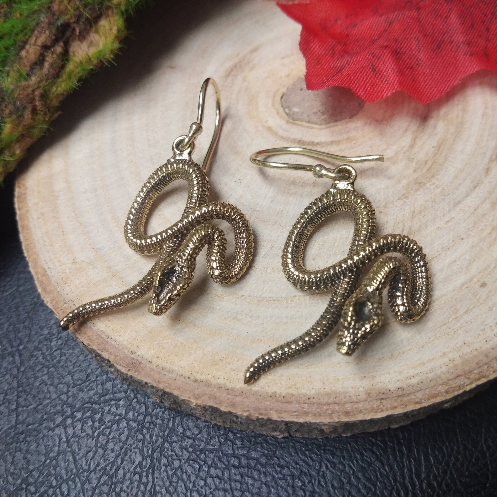 Dangling Brass Snake Earrings | Gothic, Norse, Wiccan Jewelry