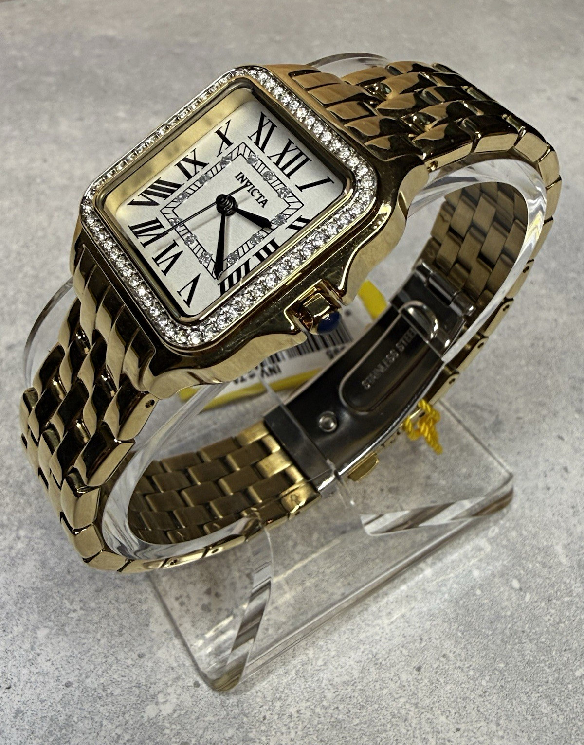 Invicta Angel Gold Crystal Bezel Rectangular White Roman Dial Watch 28mm
