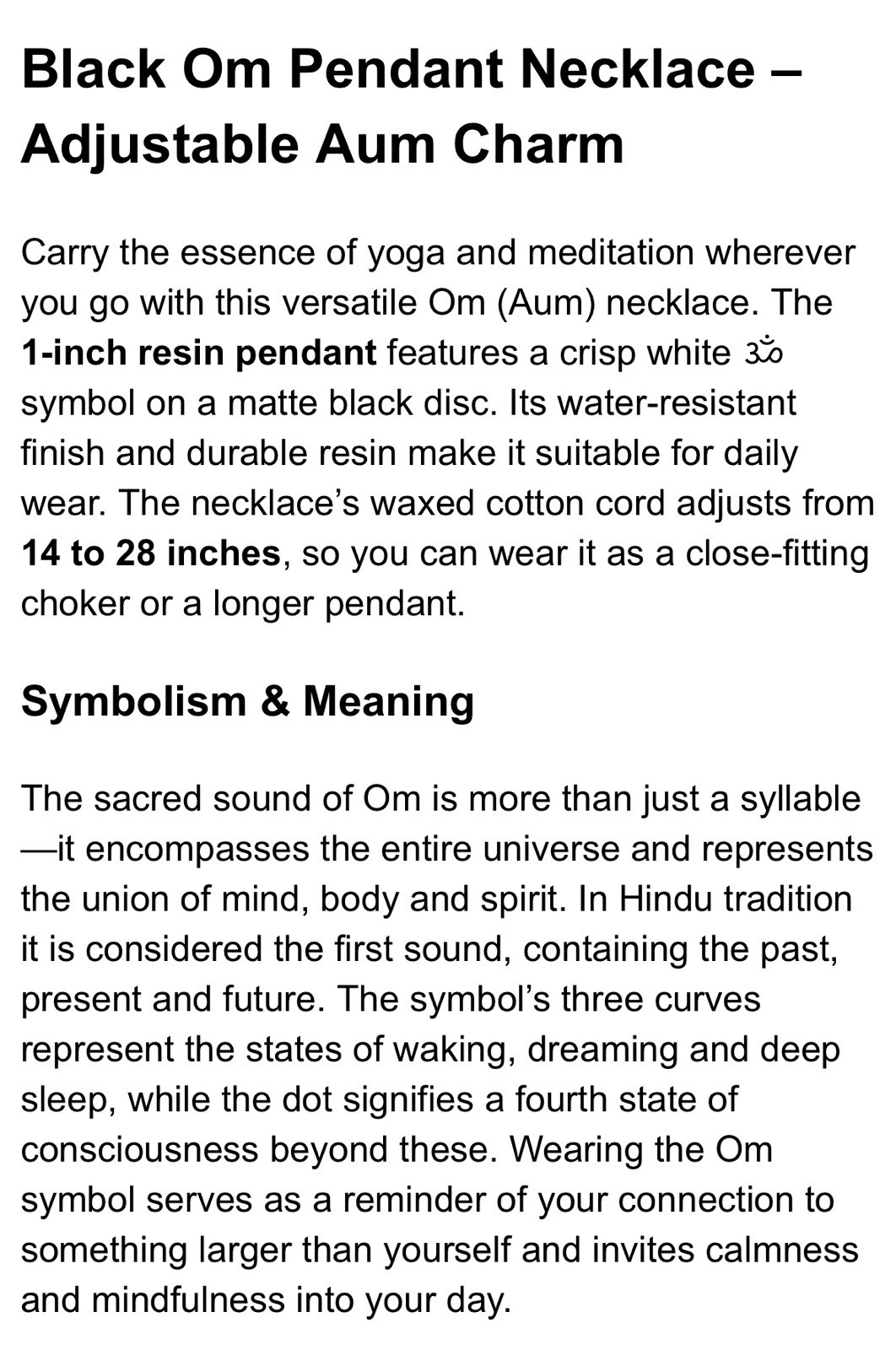 Black Om Pendant Necklace Adjustable 14‑28in Hindu Yoga Meditation Aum Charm