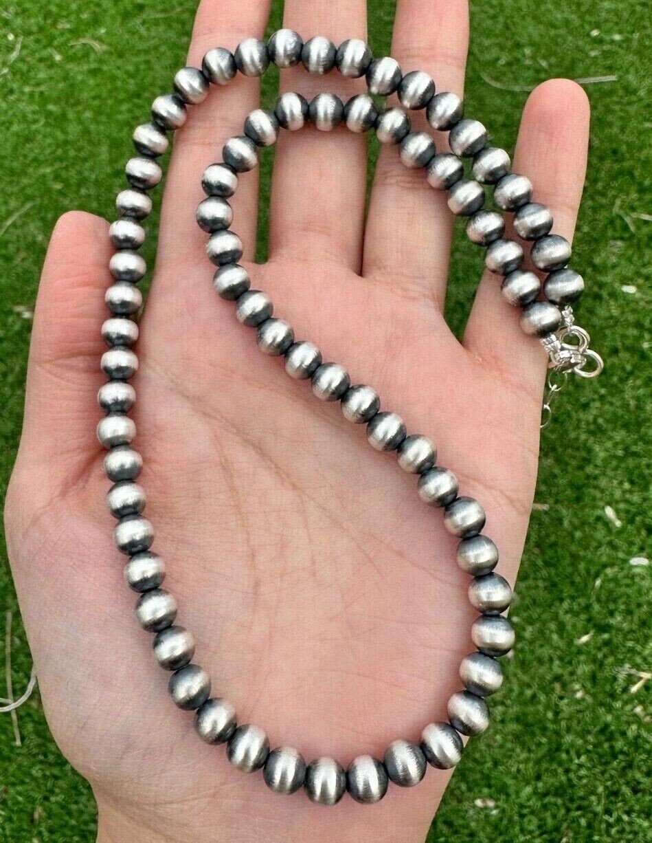 7mm 30 Inch 925 Sterling Silver Oxidized Pearls Bead Necklace Southwestern