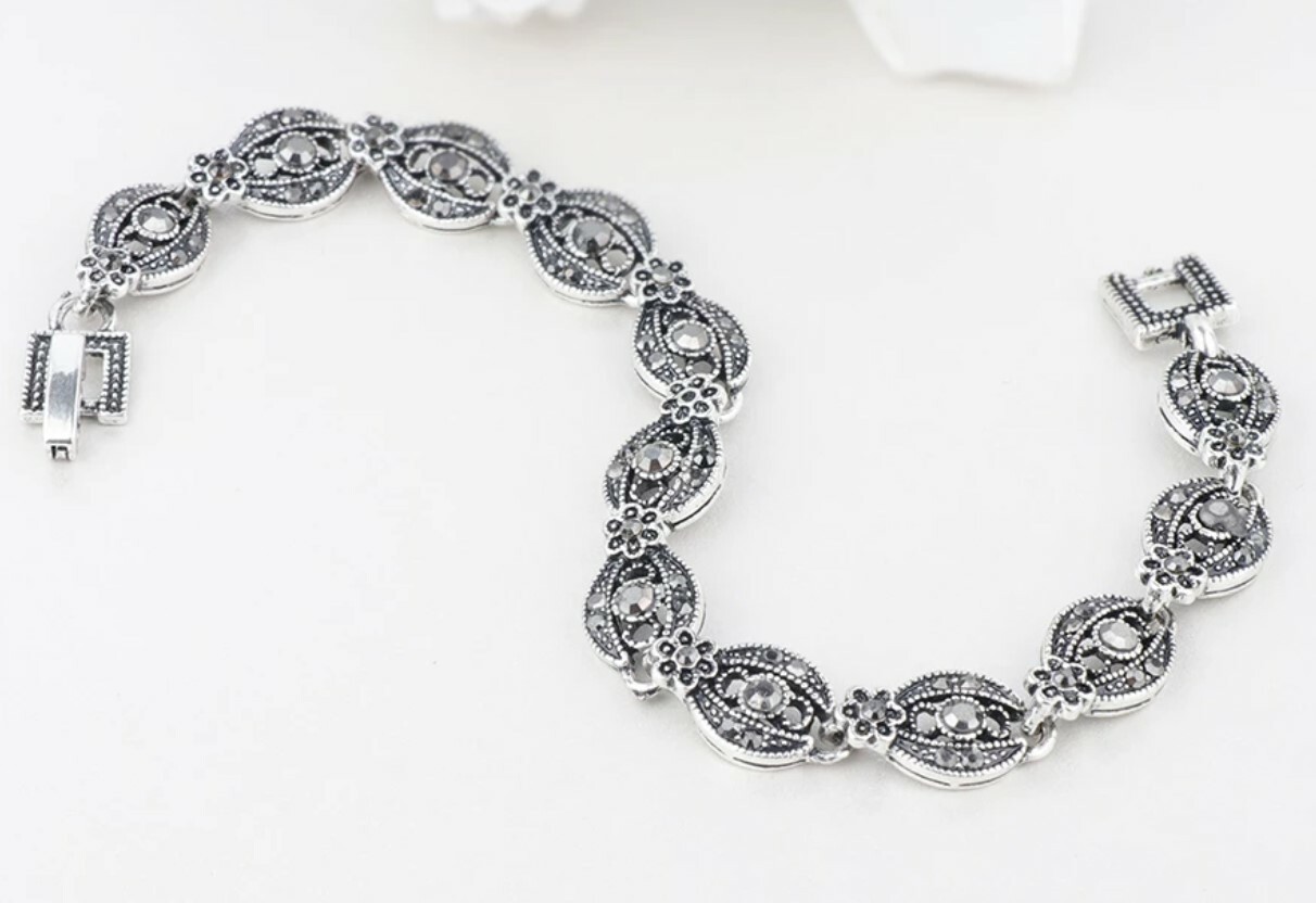 7.9 inch Silver Plated Turkish Style bracelet with marcasite-like stones