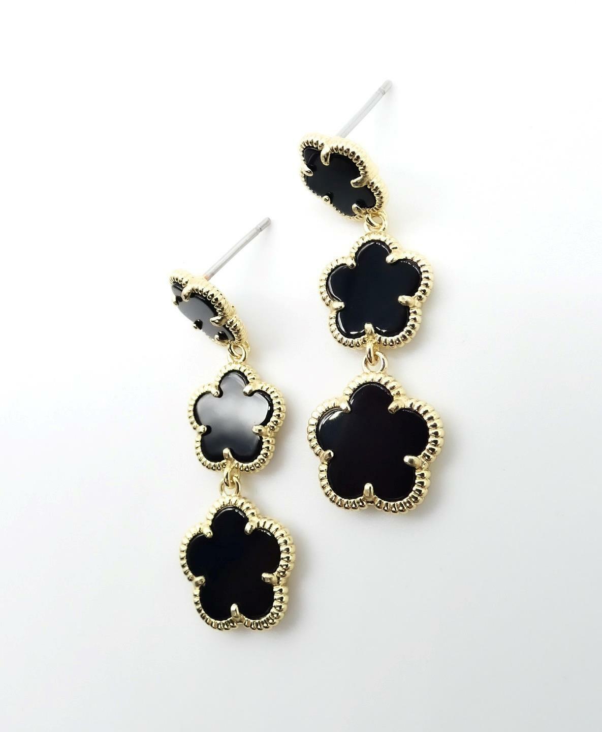 EXQUISITE Lightweight 18kt Gold Plated Triple Black Onyx 5 Petal Flower Earrings