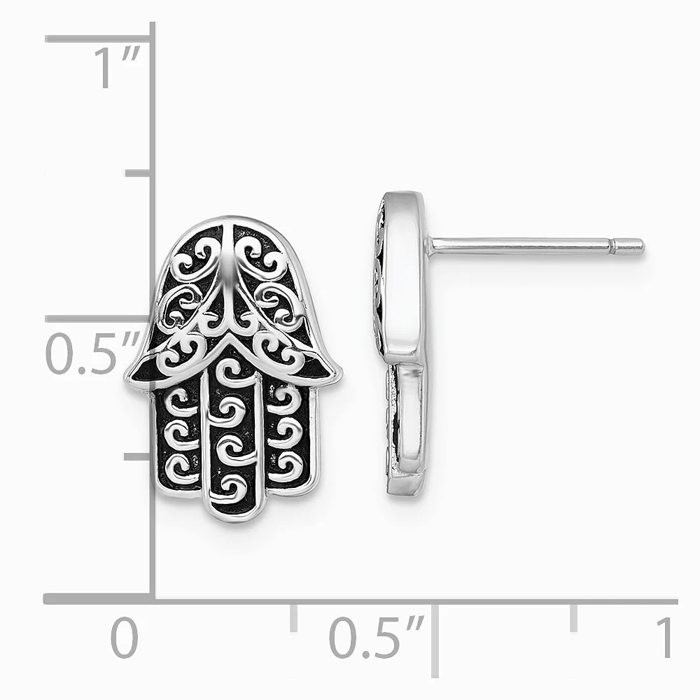 Sterling Silver RH-Plated Polished/Oxidized Filigree Hamsa Post Earrings