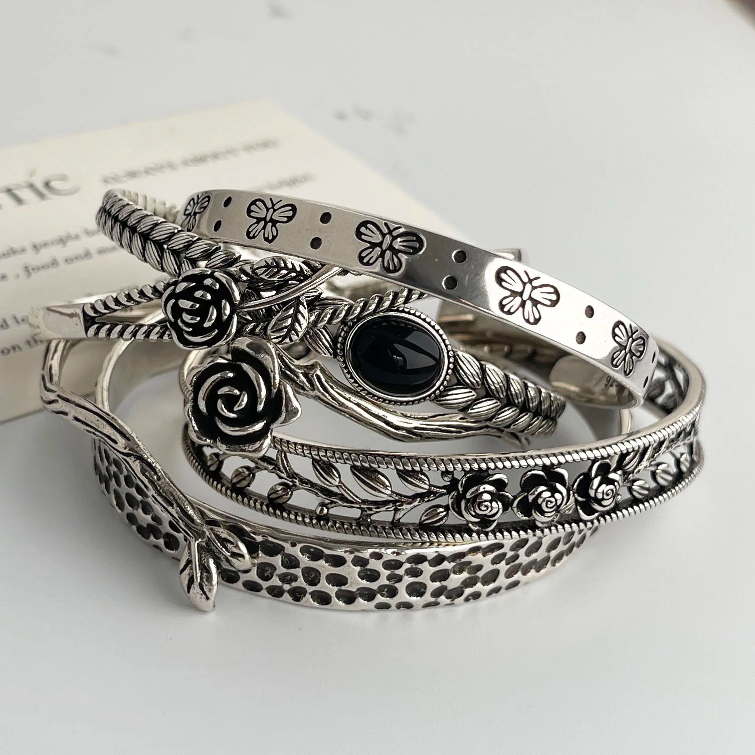 Vintage Flower Retro Rose Cuff Bangle Set Sterling Silver Women Jewelle Bracelet