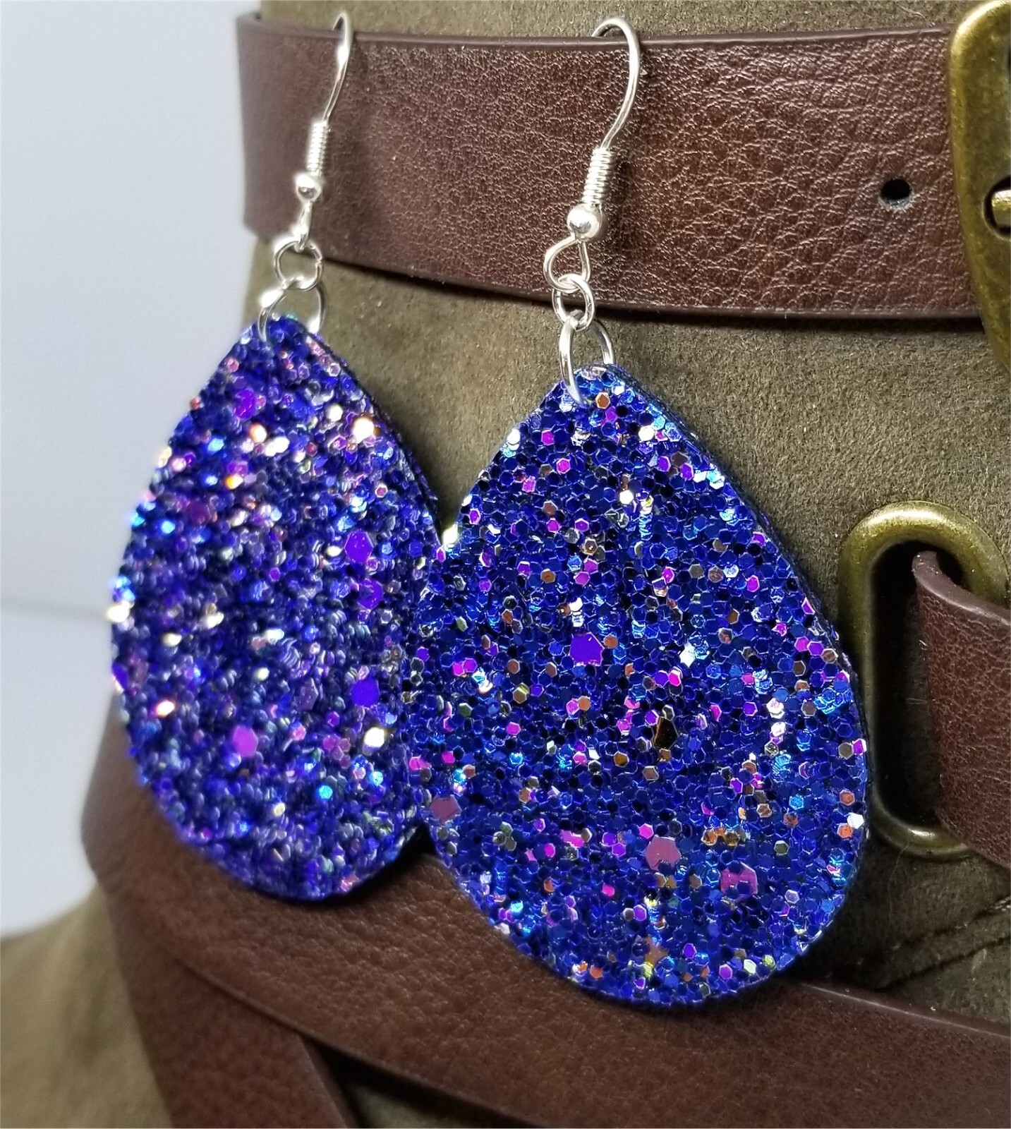 Blue Glitter Double Sided FAUX Leather Earrings with Color Shifting Glitter