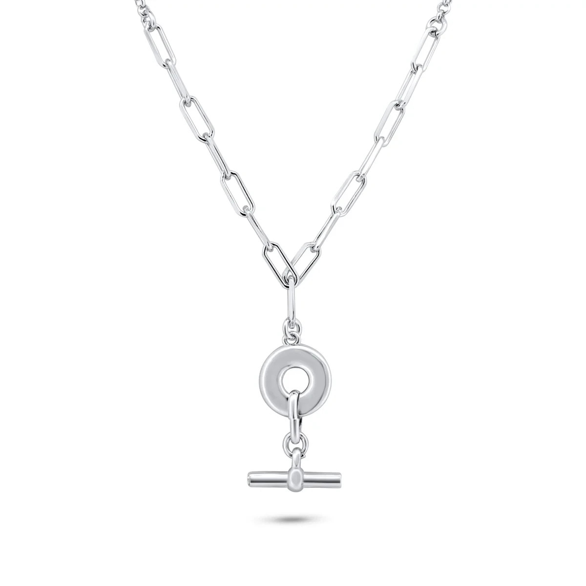 Rhodium Plated Silver Paperclip Rolo Adjustable Donut and Bar Necklace