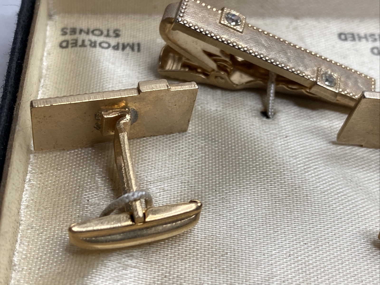 Vintage New 3 pc Set Tie Clip + Cufflinks Hand Polished Goldtone Imported Stones