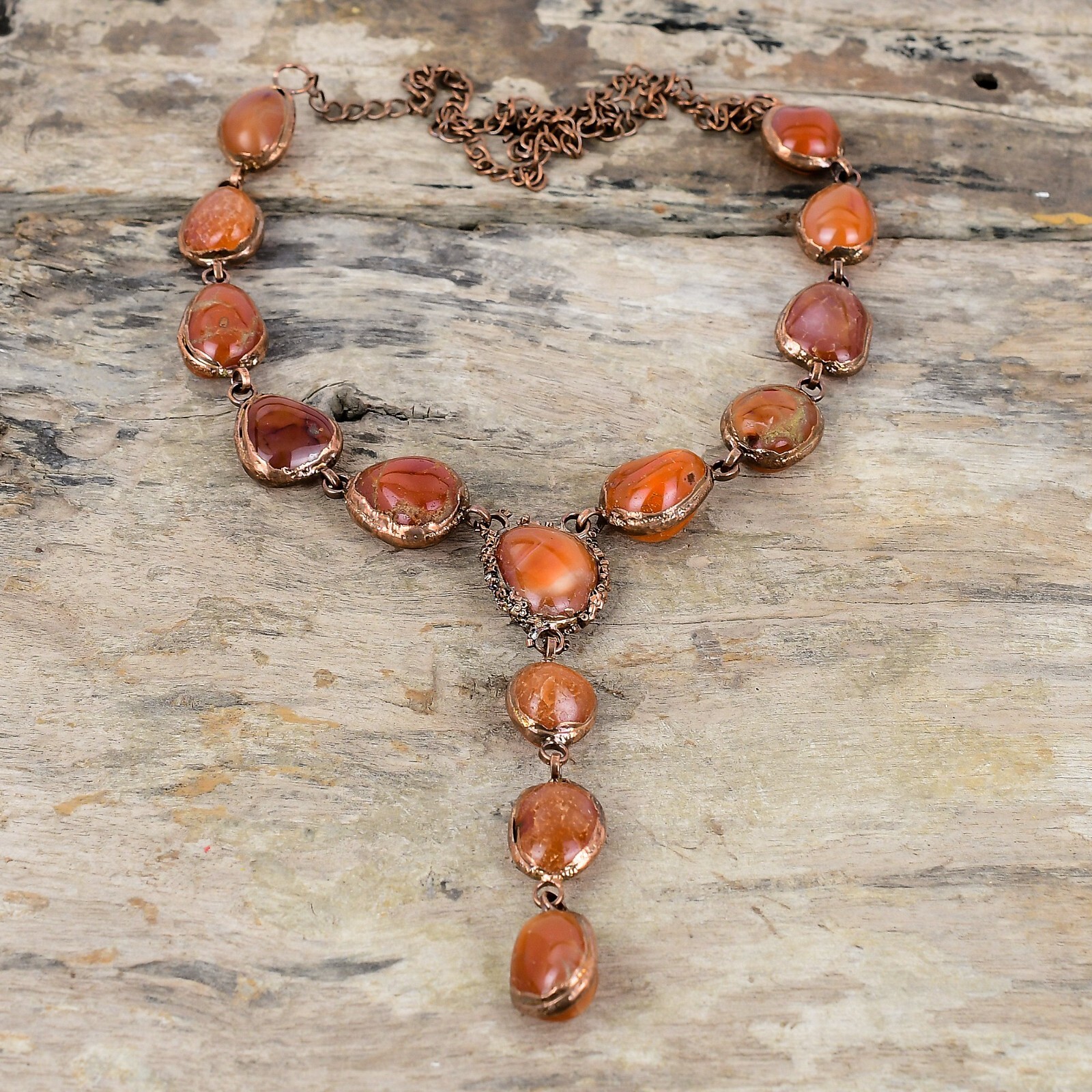 Carnelian Electroformed Chain Adjustable Necklace Handcrafted Copper Gift 18.0″