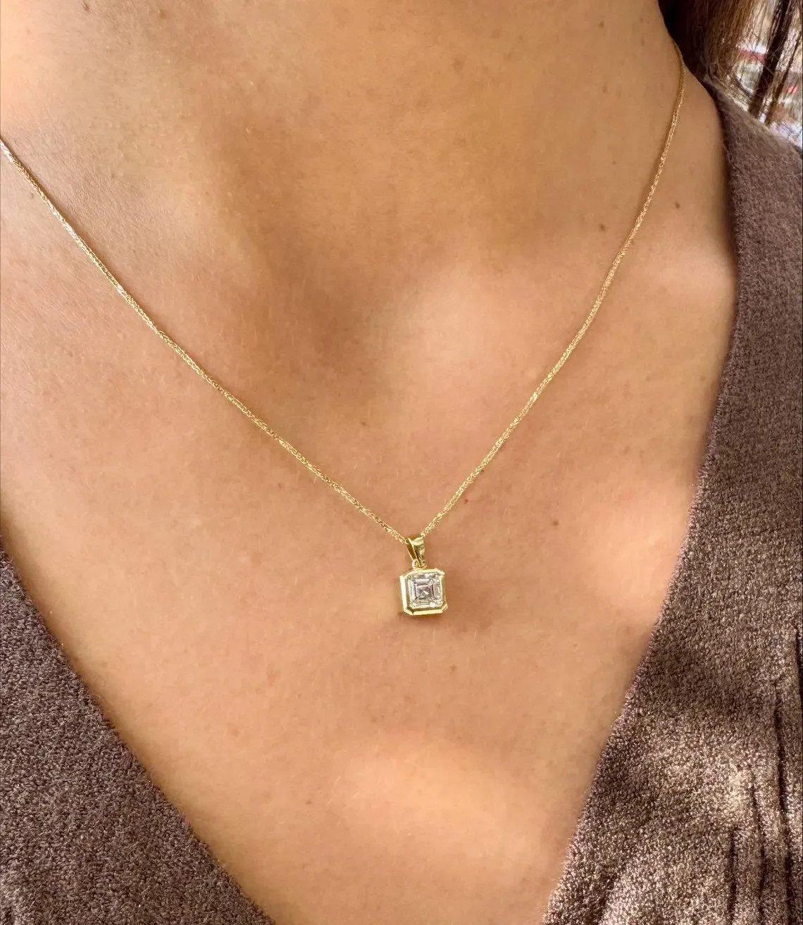 2 CT Asscher Cut Bezel Moissanite Wedding Pendant 14K Yellow Gold Plated For Her