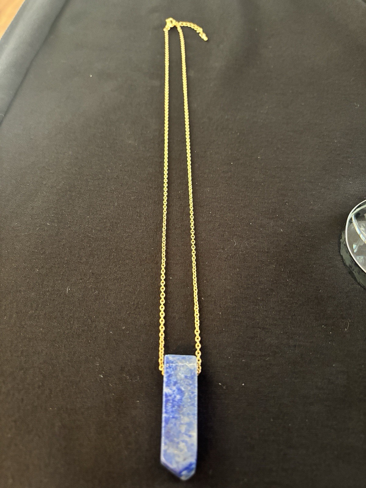 Blue Sodalite Stone Crystal Point Pendant Necklace Gold Tone Chain