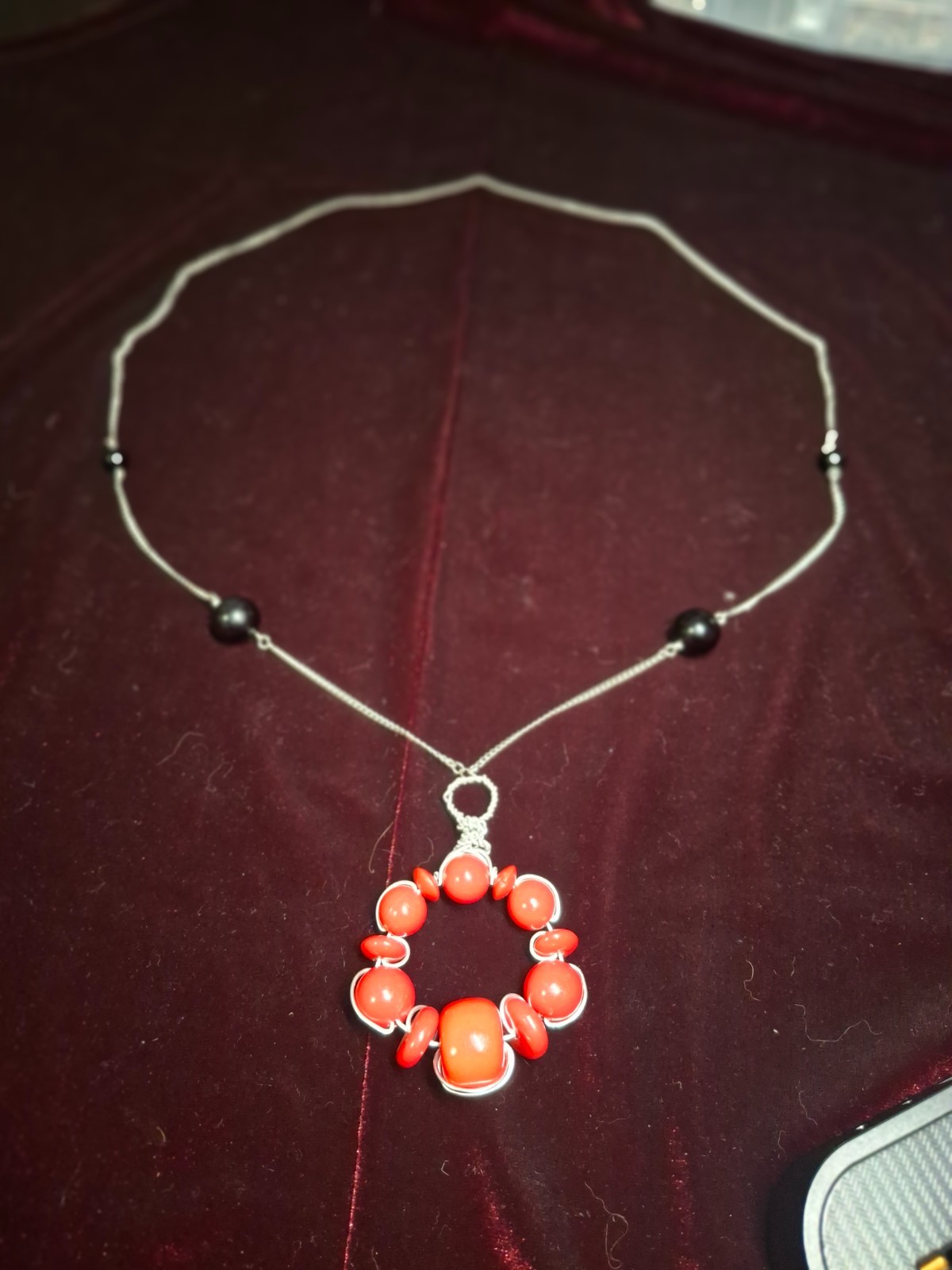 handcrafted necklace red beaded pendant wire wrapped