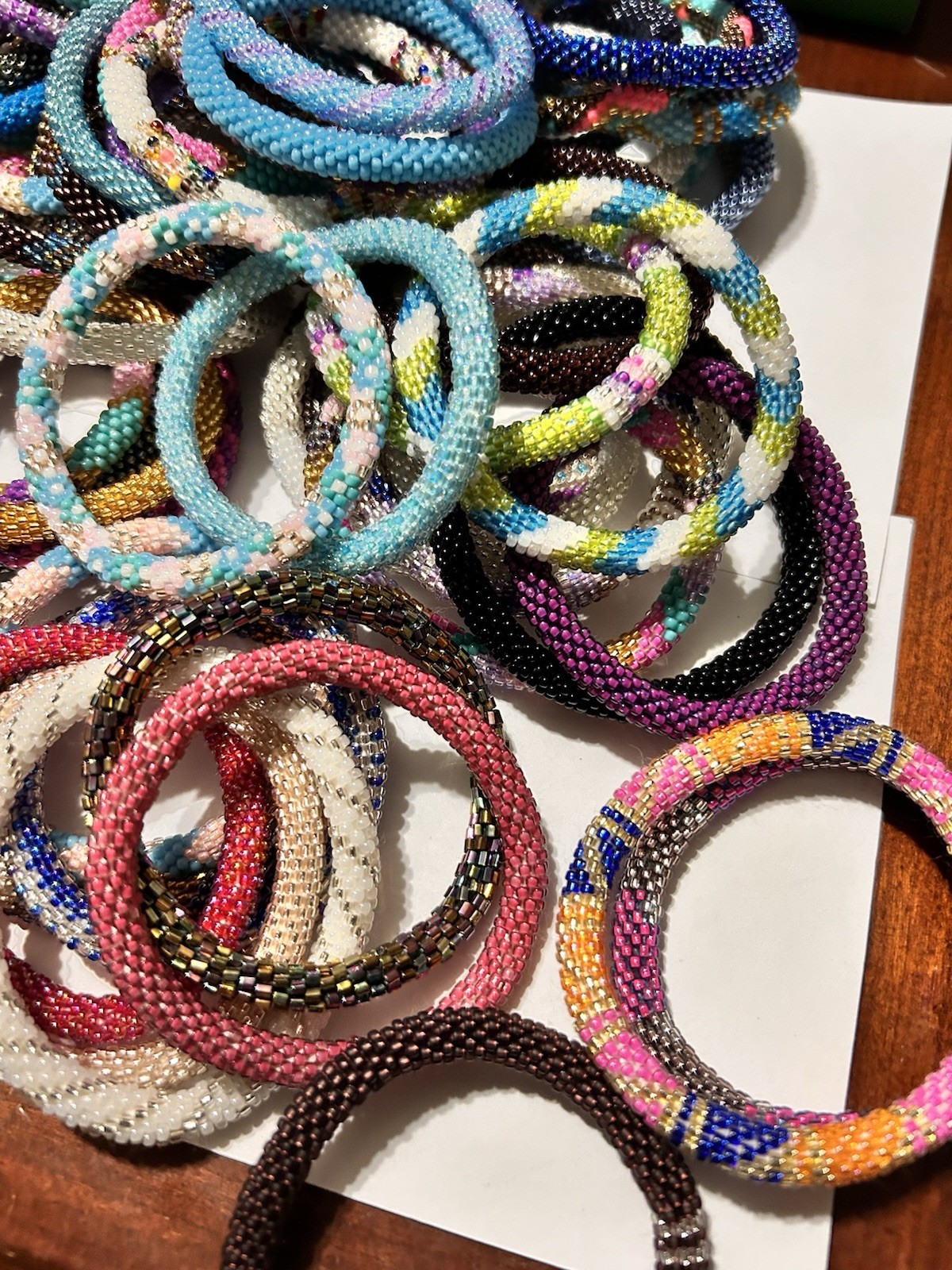 3 Sashka Co Nepalese Roll On Crochet Glass Bead Bracelets Original Size, Random