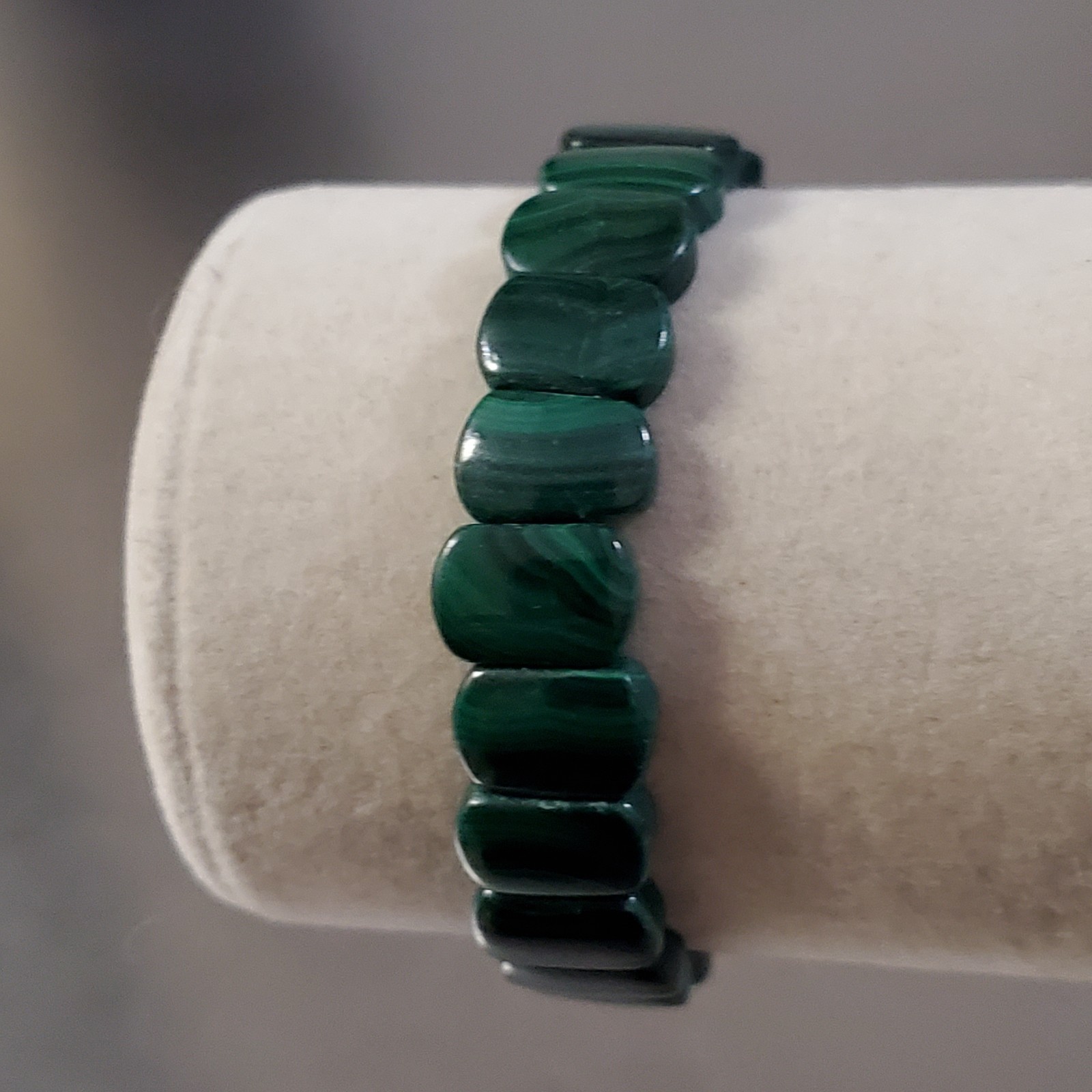 Malachite Bracelet Natural Green Gemstone Rounded Rectangle Bead Stretch 6.5 in