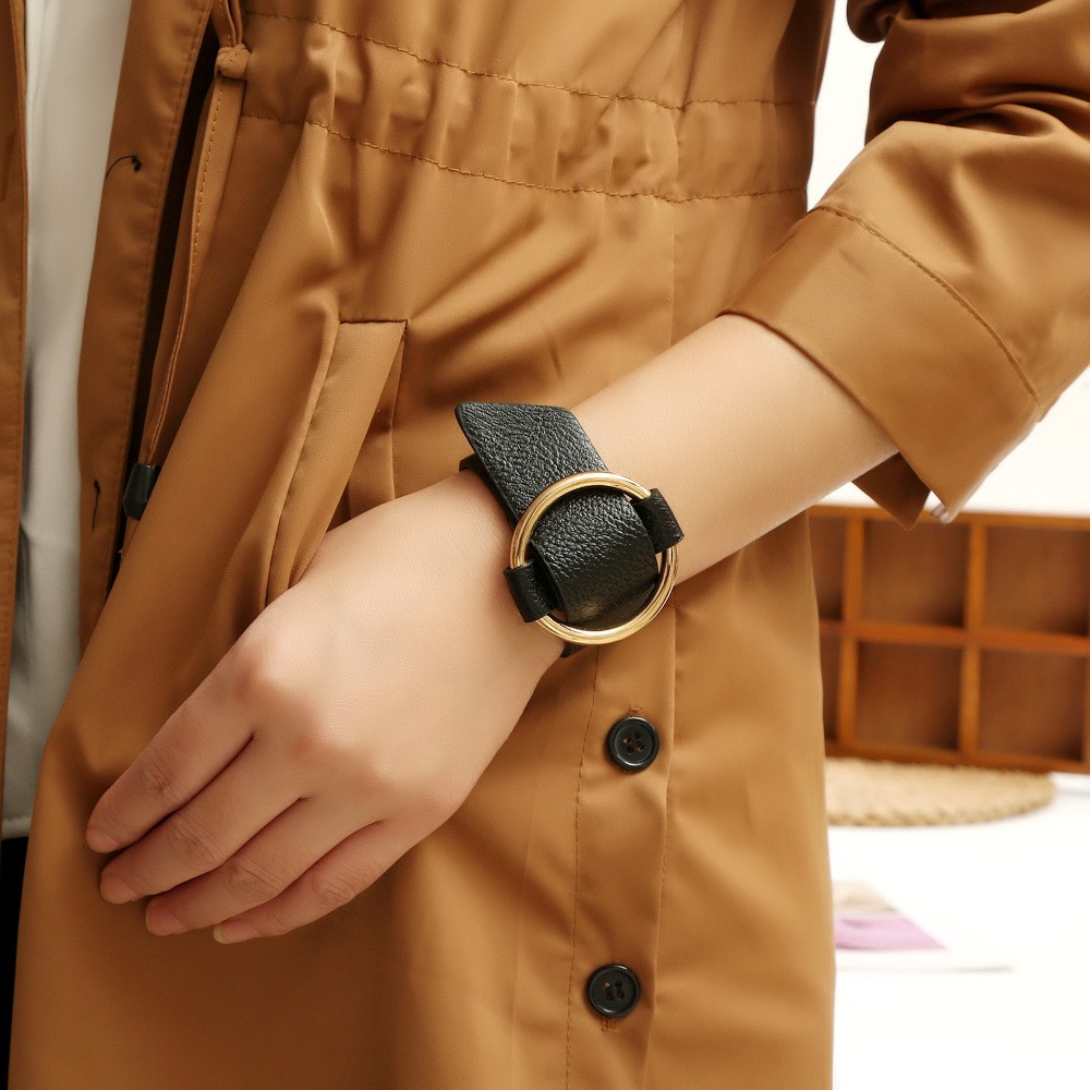 Women Leather Bracelet Adjustable Cuff Bangle Gold Circle O Ring Fashion Jewelry