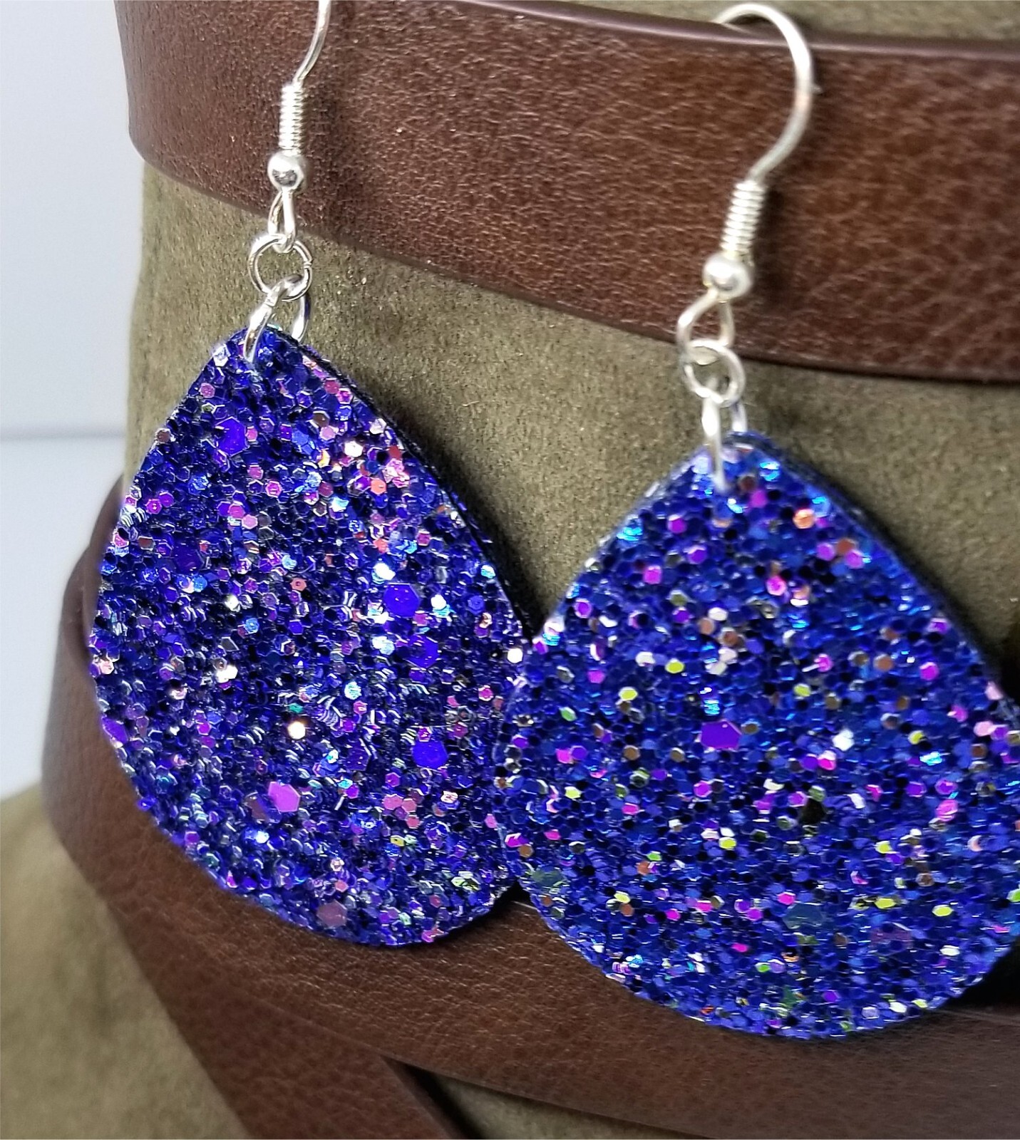 Blue Glitter Double Sided FAUX Leather Earrings with Color Shifting Glitter
