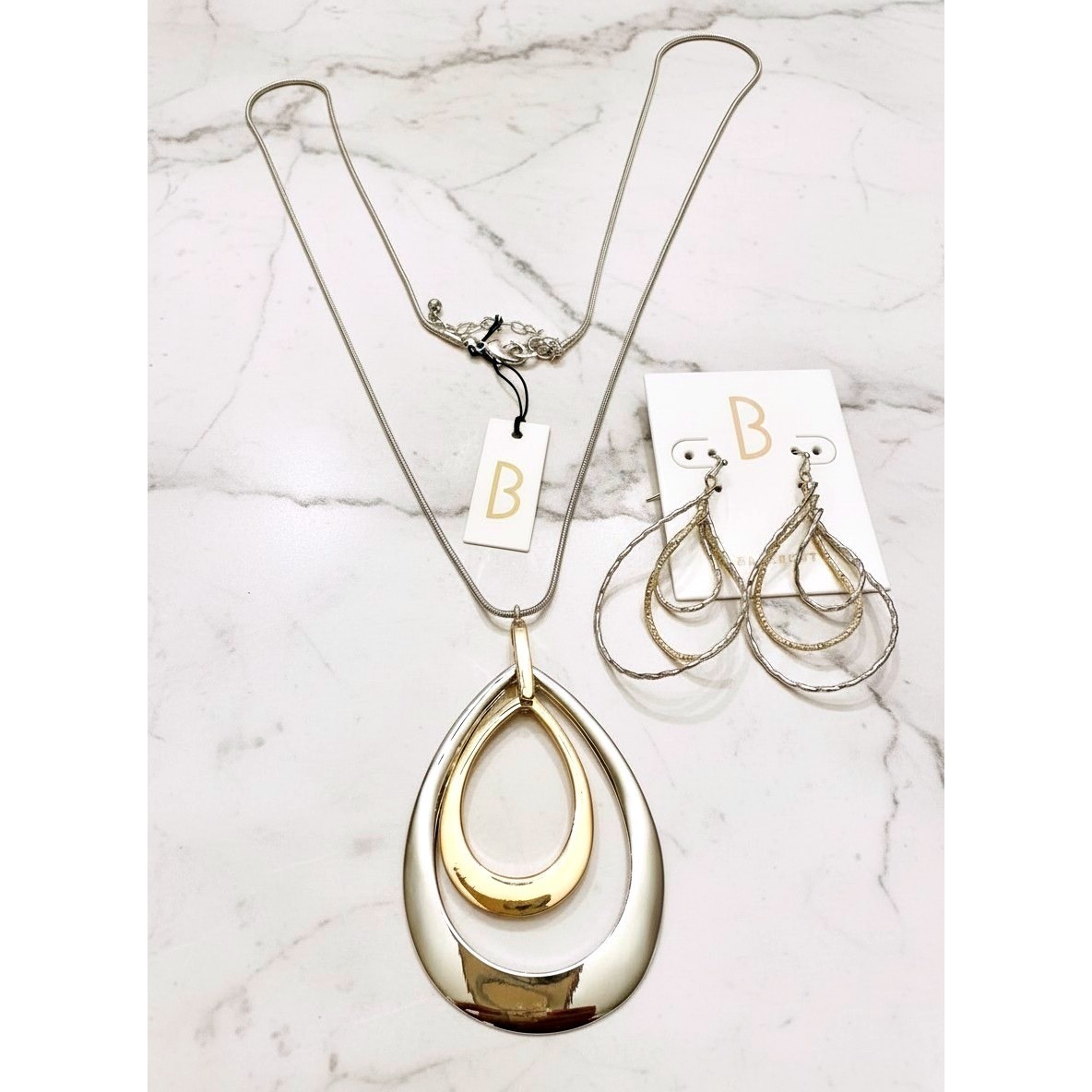 Barcroft Gold & Silver Tone Teardrop Pendant Necklace and Hoop Earring Set NEW