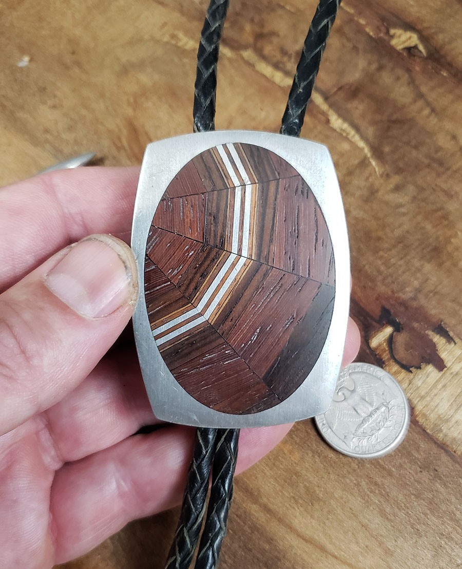 1979 Studio Artisan Signed Handmade Pewter & Hardwood Web Inlay Custom Bolo Tie