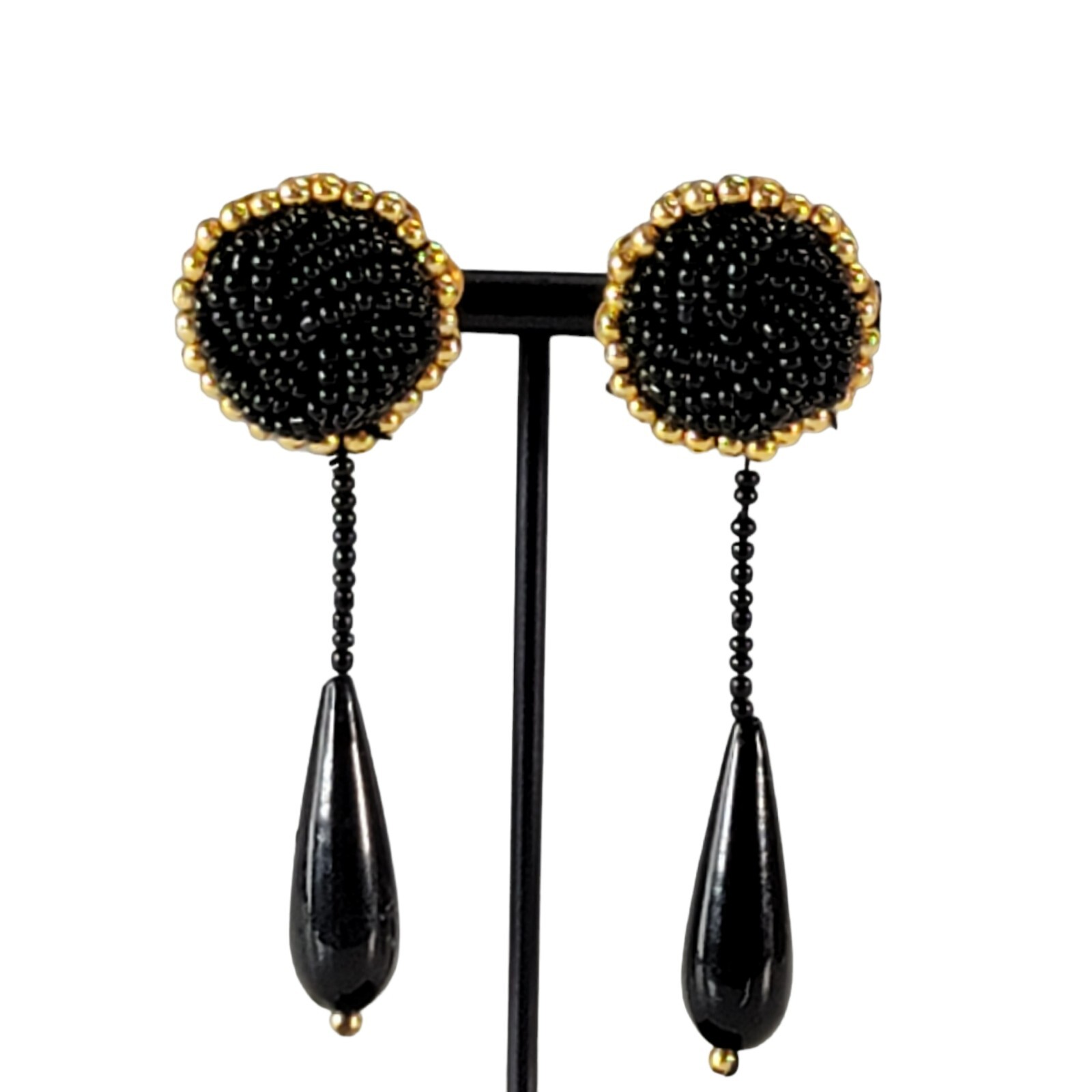 Vtg Gold Black Beads Drop Earrings Pair Teardrop Women Retro Jewelry 1980’s