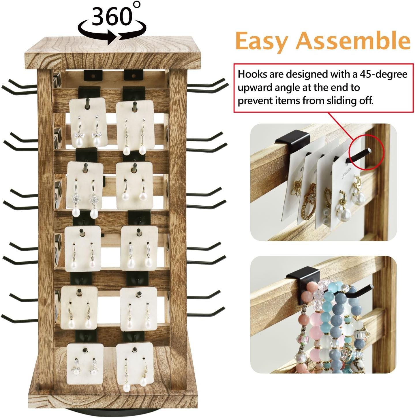 Wood Rotating Jewelry Display Removable 42 Hooks Earring Organizer Stand Oak