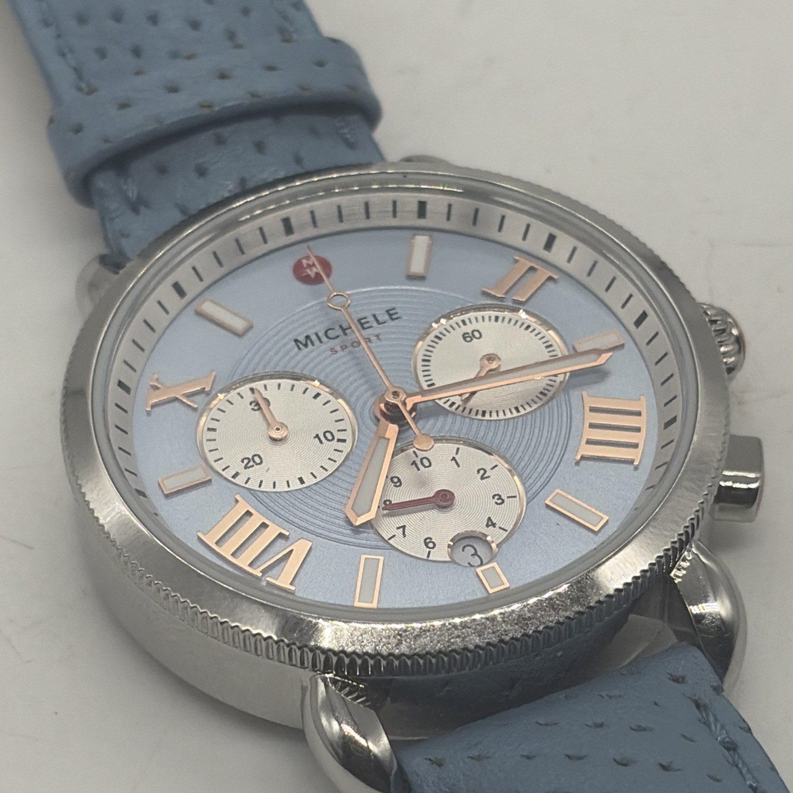 Michele Sport Sail Chronograph 38mm Blue Dial Leather Band Watch MWW01P000005