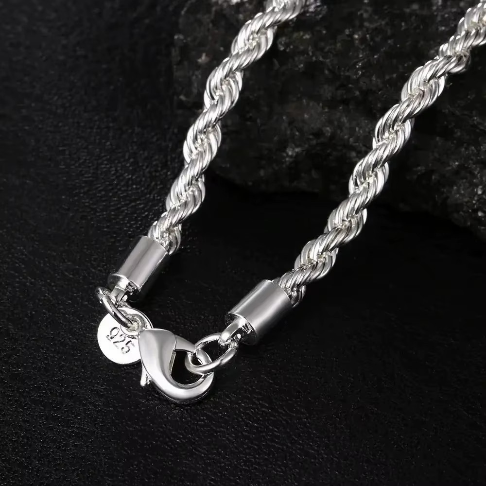 4mm Diamond Cut Solid 925 Sterling Silver Italian Rope Chain Men’s Necklace