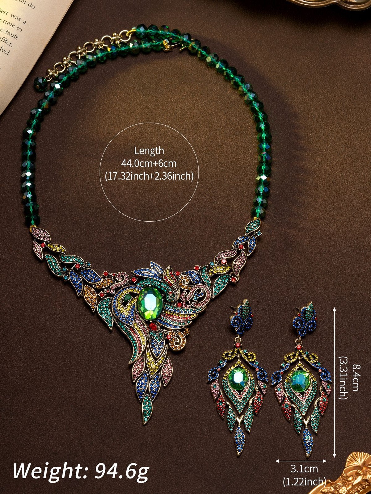 Vintage Handbeaded Multicolor Rhinestone Bib Necklace and Earrings Set for Women