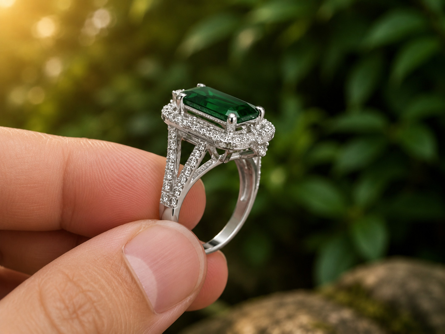 3Ct Emerald Cut Lab Created Green Emerald Halo Engagement 14K White Gold Plated