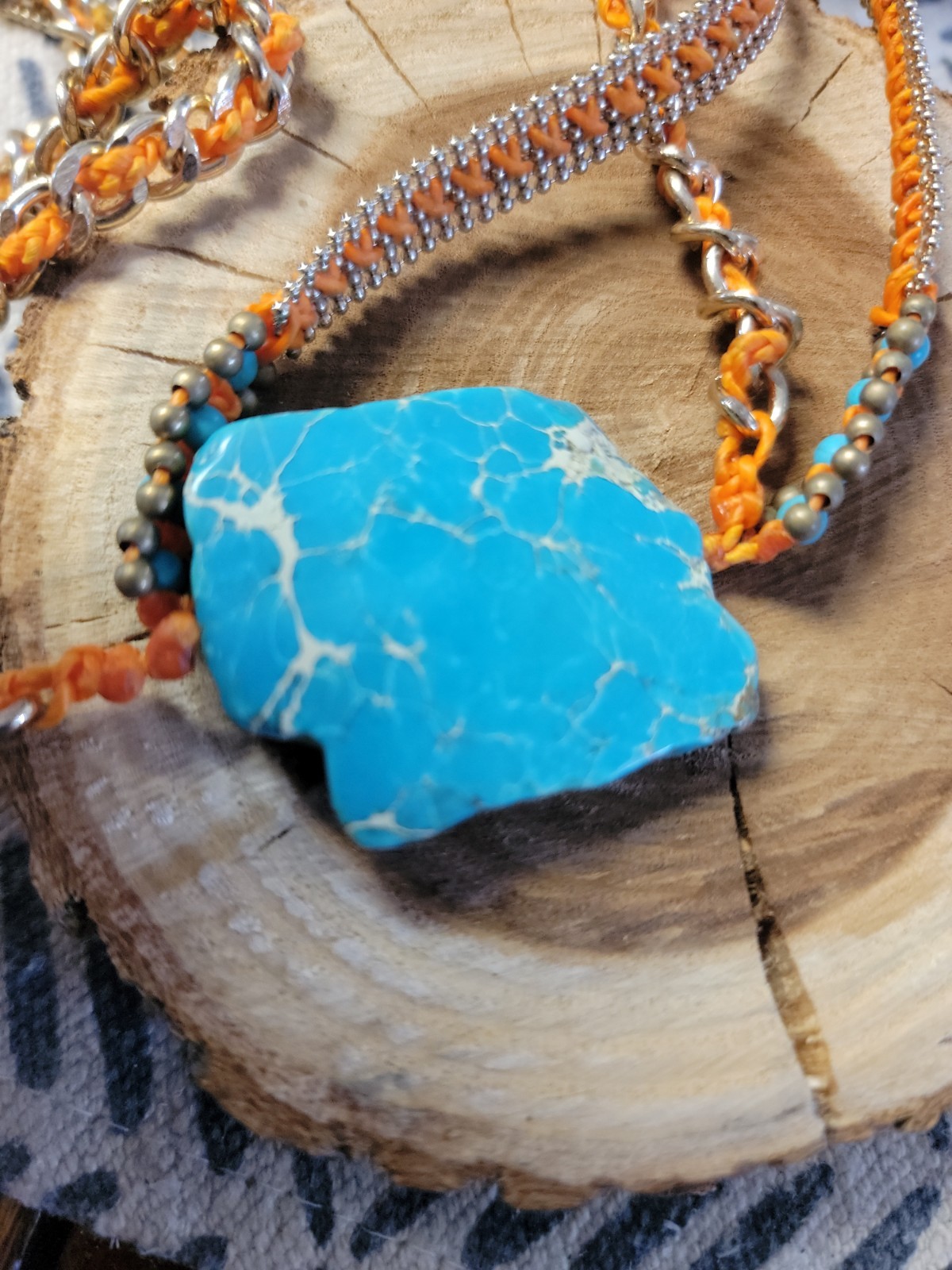 Boho Aqua Terra JASPER Pendant Woven Necklace Orange/ Turquoise