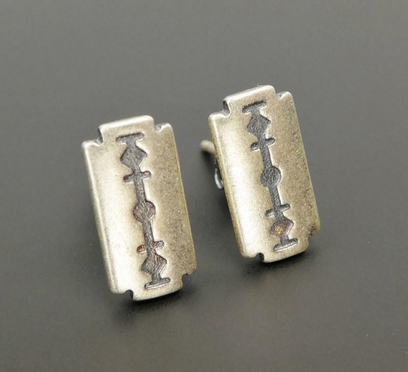Handmade Sterling Silver Nice Detail Tiny Razer Blade Stud Post Earrings Unique