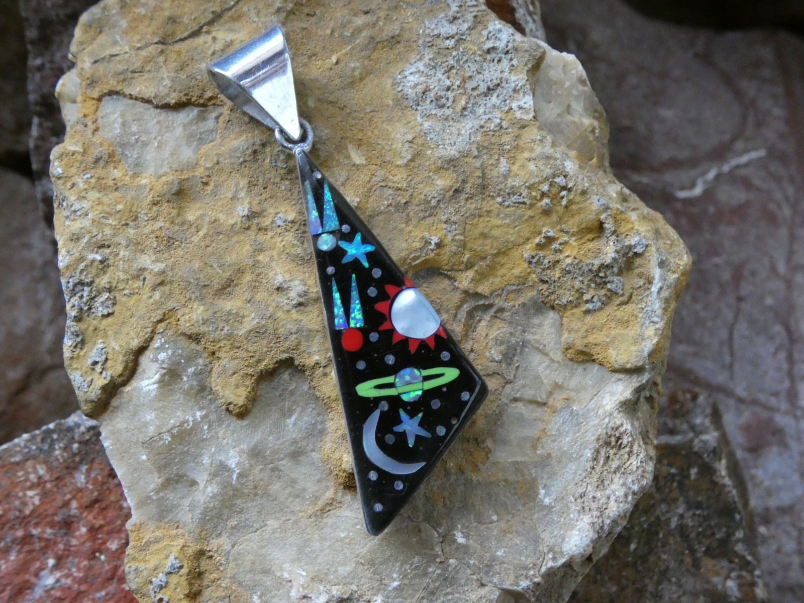 Cosmic Night Sky Multi Gemstone Opal Aluminum Sterling Silver Alloy Pendant AS99