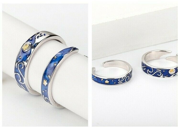 Van Gogh Starry Sky Ring Set 925 Sterling Silver Plated Couples Promise Rings