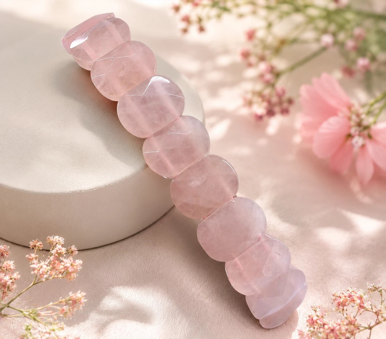 Genuine Rose Quartz Cushion Faceted Bracelet 27g Natural Pink Crystals Healing