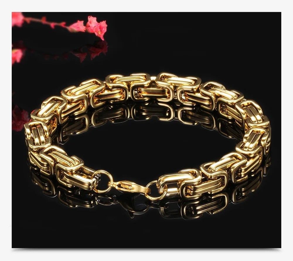 Silver Gold Black Tone Square Byzantine Stainless Steel Bracelet Mens Boys Chain