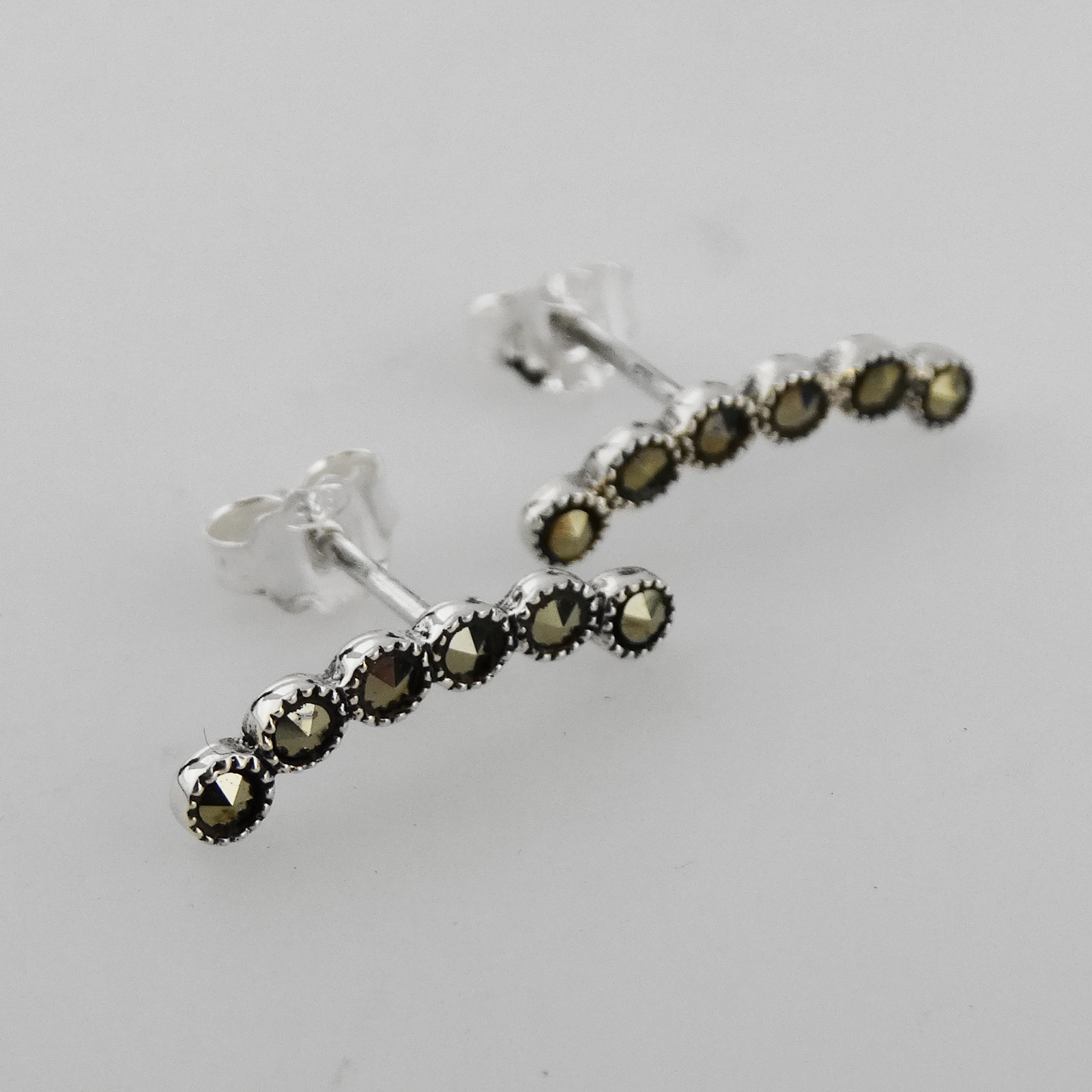 Marcasite Ear Climber Earrings – 925 Sterling Silver – Posts Curved Gift NEW