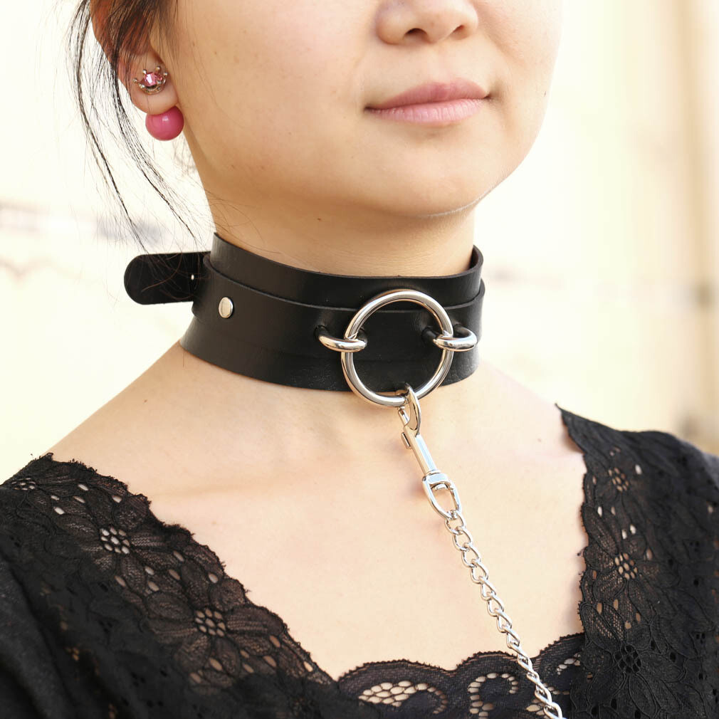 Leather Choker Collar with Chain Leash Set Cosplay Necklace Gothic Punk O-ring