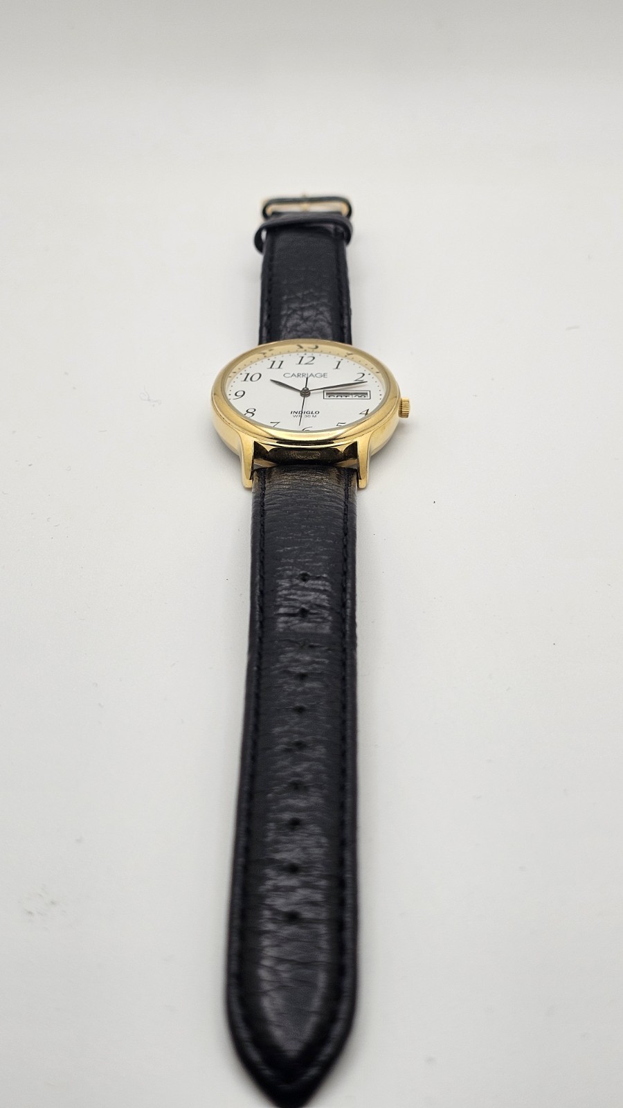 Carriage Day Date Gold Tone Case 35 MM Indiglo White Dial Black Leather Watch